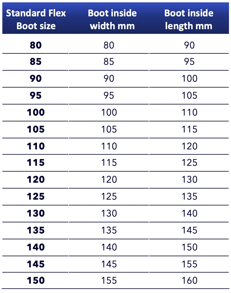 flex boot standard size chart